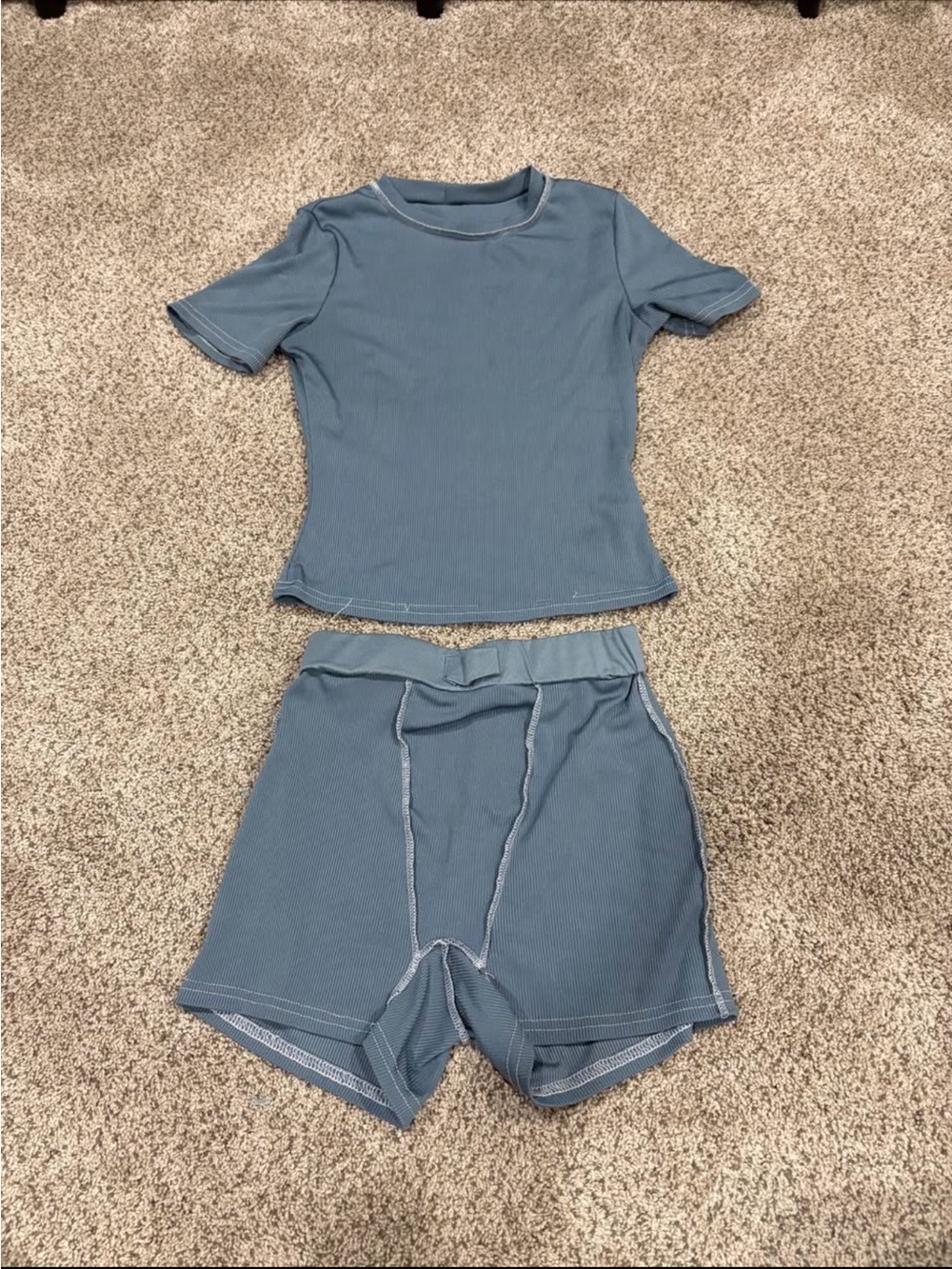 3 for $18 SALE Women's Ribbed Short Sleeve & Shorts Set in Dusty Blue